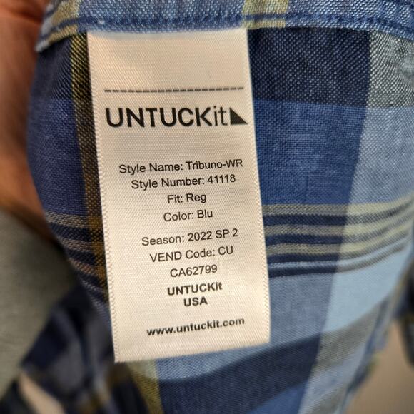 Men's Untuckit Tribuno Linen Long Sleeve Button Up Shirt Blue Yellow Plaid XL - Picture 3 of 7